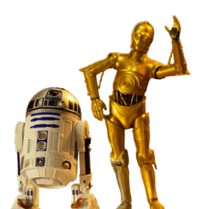 Toy figures of C-3PO and R2D2.