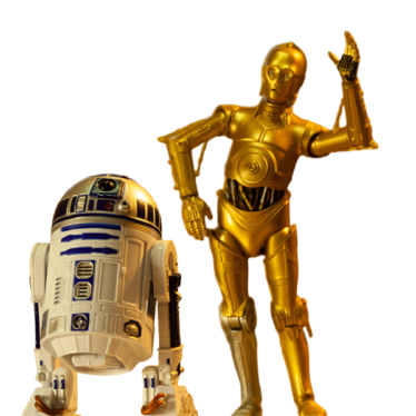 Toy figures of C-3PO and R2D2.