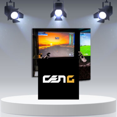 Generation Golf logo with golf screen on podium with lights.