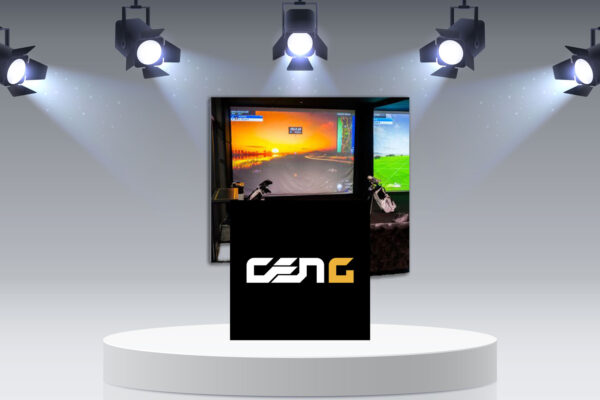 Generation Golf logo with golf screen on podium with lights.