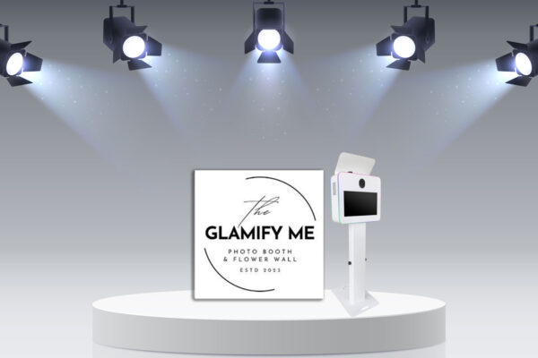 Glamify Me Photo logo with camera on podium with lights.
