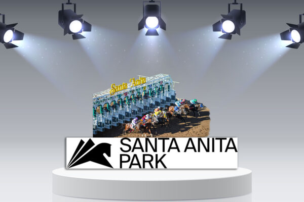 Santa Anita Park logo with horses on podium with lights.