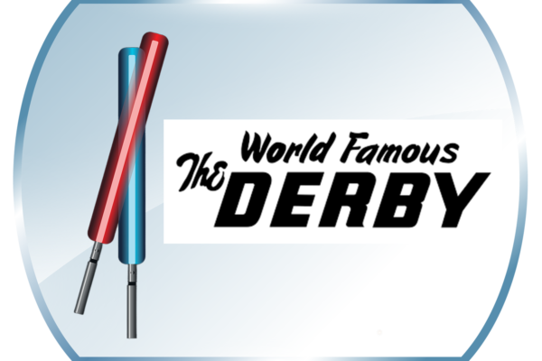 The World Famous Derby logo with Star Wars like sabers.